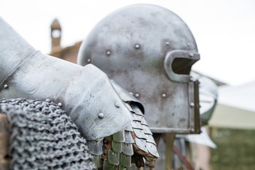 ancient helmet and two glove armor close up
