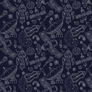 Seamless pattern with cosmos doodle illustrations. © trihubova