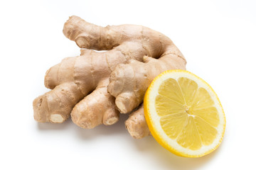 Ginger bio and lemon on white background.