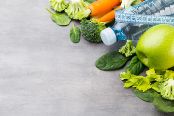 Fresh healthy vegetables, water. Health, sport and diet concept.