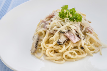 Spaghetti carbonara on dish