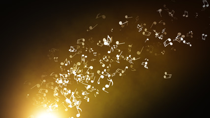 Floating musical notes on an abstract gold background with flares 3d illustration