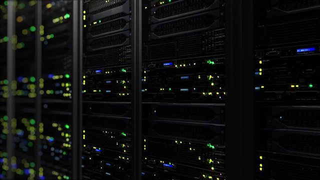 3D rendering of dark modern working data servers with flashing LED lights. Data servers loopable animation