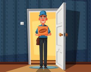 Delivery guy handing a box on doorway. Cartoon vector illustration
