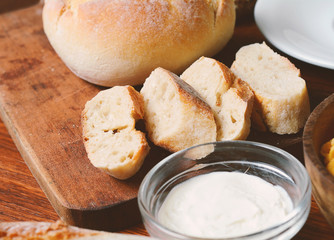 Top view of bread with dip of cream cheese o