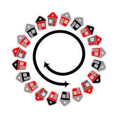 Symbolic houses in circle shape. Spiral line motion.