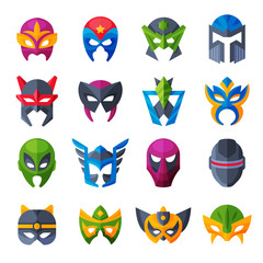 Hero mask vector superhero face masque and masking cartoon character illustration set of powerful masked symbol isolated on white background © Vectorwonderland