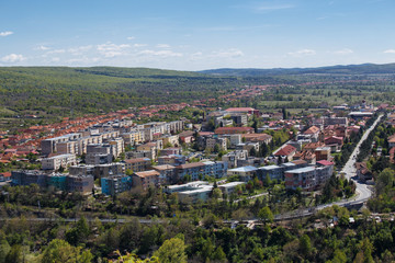 Naklejka premium Aerial view of the city Bumbesti-Jiu, Gorj, Romania