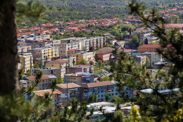 Fototapeta premium Aerial view of the city Bumbesti-Jiu, Gorj, Romania
