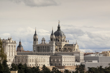Panoramic view of the Almudena Cathedral, Royal Palace in Madrid. Spain