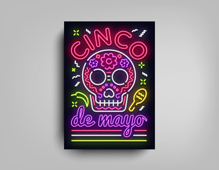 Sinco de Mayo poster design neon style template. Neon sign, bright light neon flyer, light banner, typography, Mexican holiday. Invitation to party, festival, celebration, fiesta. Vector illustration