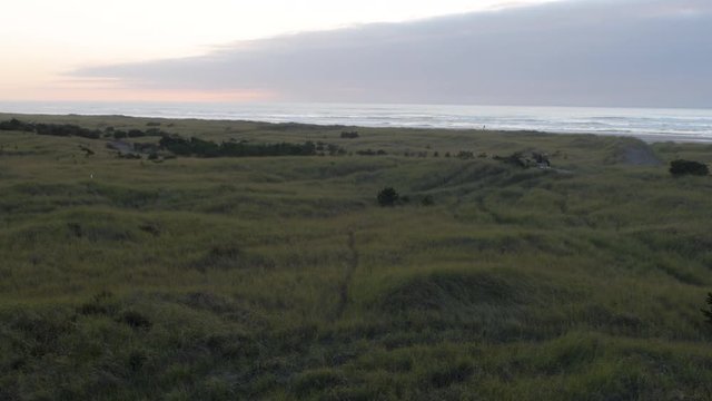 Looking over an expanse of beach grass, a trail going through it it, and the beach and ocean at sunset in Long Beach, Washington