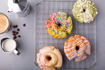 Variety of donuts on a cooling rack