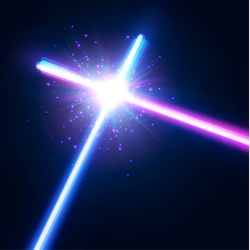 Glowing rays in space. Crossing laser sabers war. Abstract background with two crossed light neon swords fight. Battle with star, flash and particles. Club logo or emblem. Colorful vector illustration