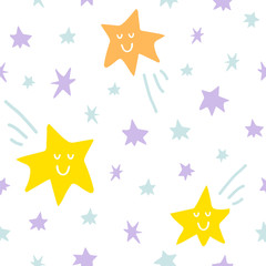 Vector seamless pattern with stars and comet on white sky background. Graphic illustration in cute cartoon style for print, decor, fabric or textile and prints.