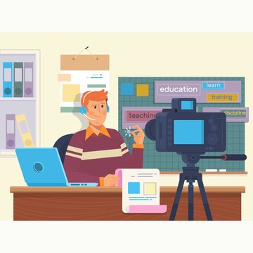 Education video blog filming backstage concept. Creating video tutorials.Flat vector illustration