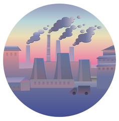 Industrial landscape with smoking pipes. A flat vector icon for design in a circle. Environmental pollution. Ecological catastrophy. - 197394225