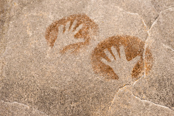 image of hands on the wall of the cave made by an ocher ancient man. history. archeology