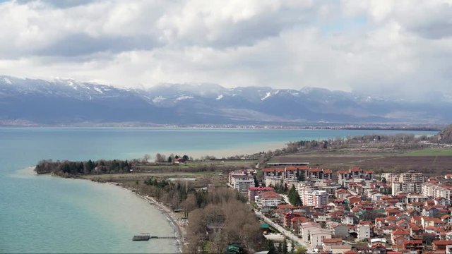 Timelapse of Ohrid city against mountains and lake, Macedonia
