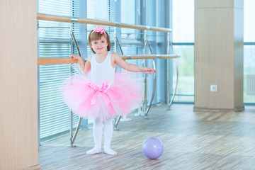 Little ballerina girl in a pink tutu. Adorable child dancing classical ballet in a white studio....