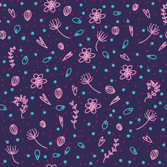 Flowers, seeds, leaves, dots and hearts on a violet background. Seamless vector pattern. 