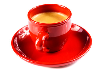 cup of coffee on a red plate isolated on a white background
