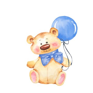 Teddy Bear With Blue Balloon. Cartoon Watercolor Illustration