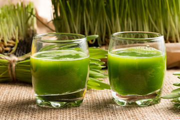 Two shots of barley grass juice with homegrown barley grass