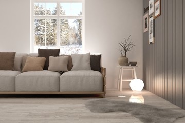 White room with sofa and winter landscape in window. Scandinavian interior design. 3D illustration