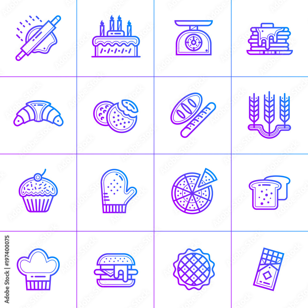 Poster outline gradient icon set of bakery. material design icon suitable for print, website and presentati