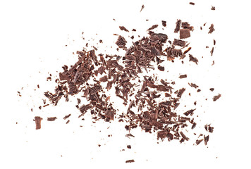 Pile chopped, milled chocolate shavings on white background