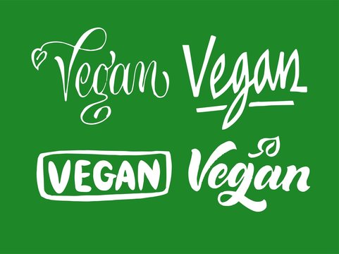 Set of Vegan lettering. Hand drawn calligraphy inscriptions. Brush pen modern text. Vegeterian Vegan organic life-style concept.