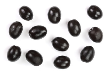 whole black olives isolated on white background. Top view. Flat lay pattern