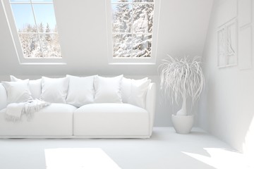 White room with sofa and winter landscape in window. Scandinavian interior design. 3D illustration