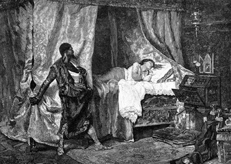 Othello und Desdemona, Bettszene - obrazy, fototapety, plakaty