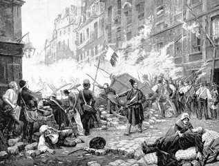 Eine Barrikade in Paris im Juli 1830, Julirevolution - obrazy, fototapety, plakaty