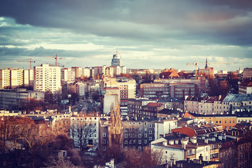Szczecin City at sunset, color toned picture, Poland.