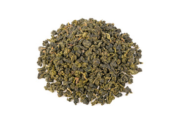 pile of green tea on white background