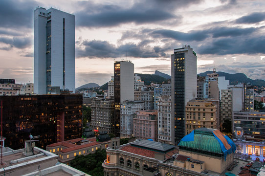Cityscape of Rio de Janeiro Downtown in the Evening and Mountains in the Horizon