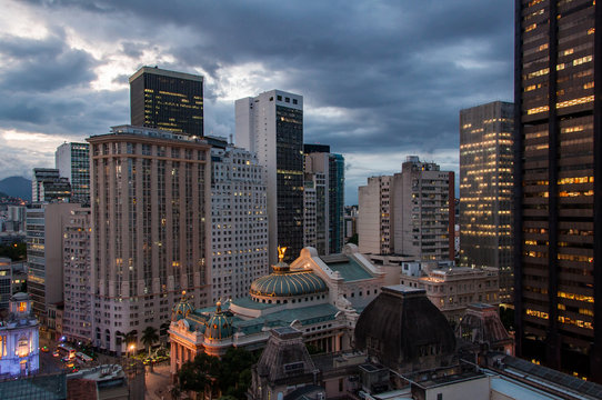 Cityscape of Rio de Janeiro Downtown in the Evening and Mountains in the Horizon