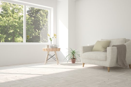 Idea of white room with armchair and summer landscape in window. Scandinavian interior design. 3D illustration