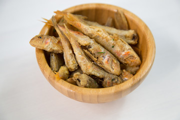 Fried fish on white dish. Typical sicilian food