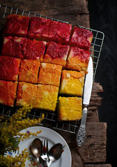 UPSIDE DOWN OMBRE ORANGE CAKE WITH VANILLA..selective focus