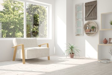 Idea of white room with armchair and summer landscape in window. Scandinavian interior design. 3D illustration