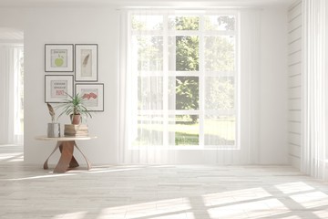 White empty room with summer landscape in window. Scandinavian interior design. 3D illustration