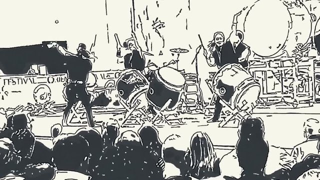 Performance Of Japanese Taiko Drummer On Stage, pencil effect, animation