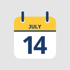 Flat icon calendar 14th of July isolated on gray background. Vector illustration.