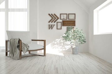 Inspiration of white minimalist room with armchair. Scandinavian interior design. 3D illustration