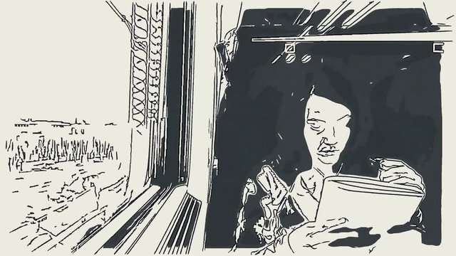  Milan, 03/21/2018 Girl reading magazine on the train with pencil drawing effect. cartoon