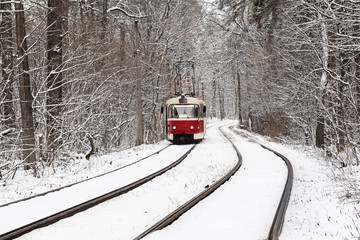 Red tram moving on the rails in the winter snowy forest, seasonal background